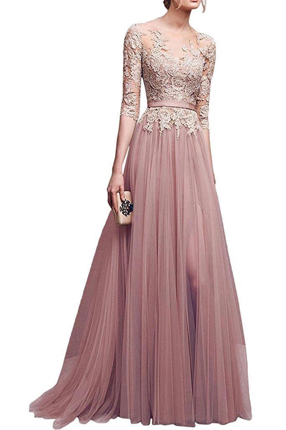 Nude Pink Navy Blue Lace Long Evening Dress Elegant Half Sleeve Appliques Tulle Formal Party Prom Gown With Belt Robe De Soiree