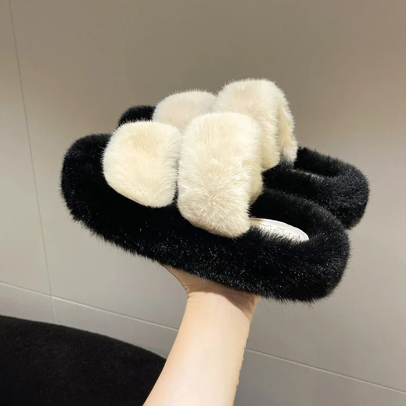 Women's plush slippers with thick soles 2024 new spring, autumn, and winter plush cute internet celebrity plush slippers