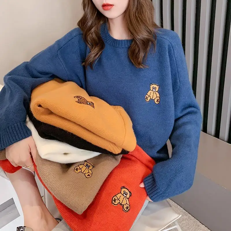 Autumn Winter Fashion Solid Color Bear Sweaters New Long Sleeve All-match O-collar Casual Loose Bottoming Knitting Shirt 2022