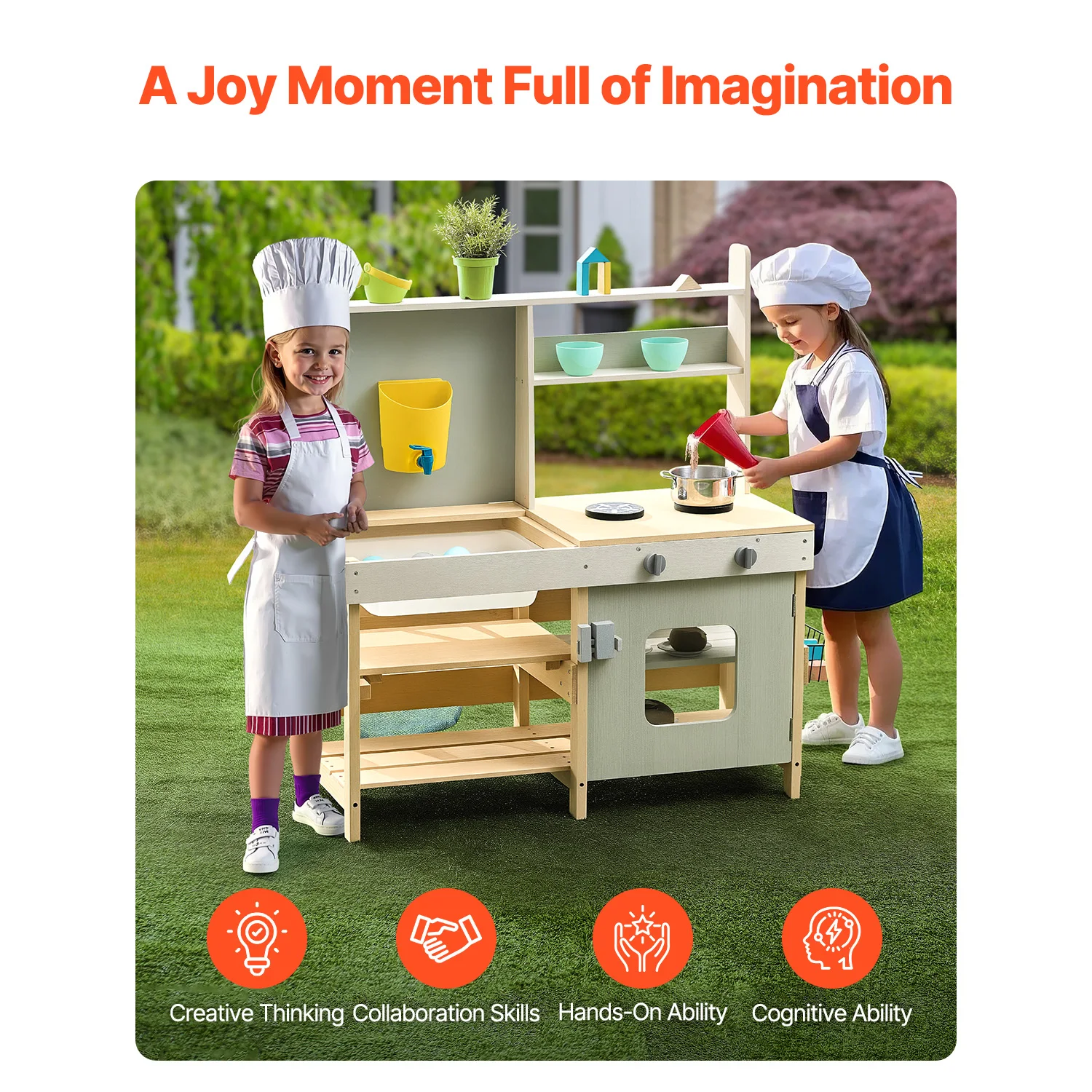 SucceBuy Children Wooden Mud Kitchen Toy Toddler Outdoor Play Kitchen Set with Stoves Faucet & Cookware Pots for Kids Gifts