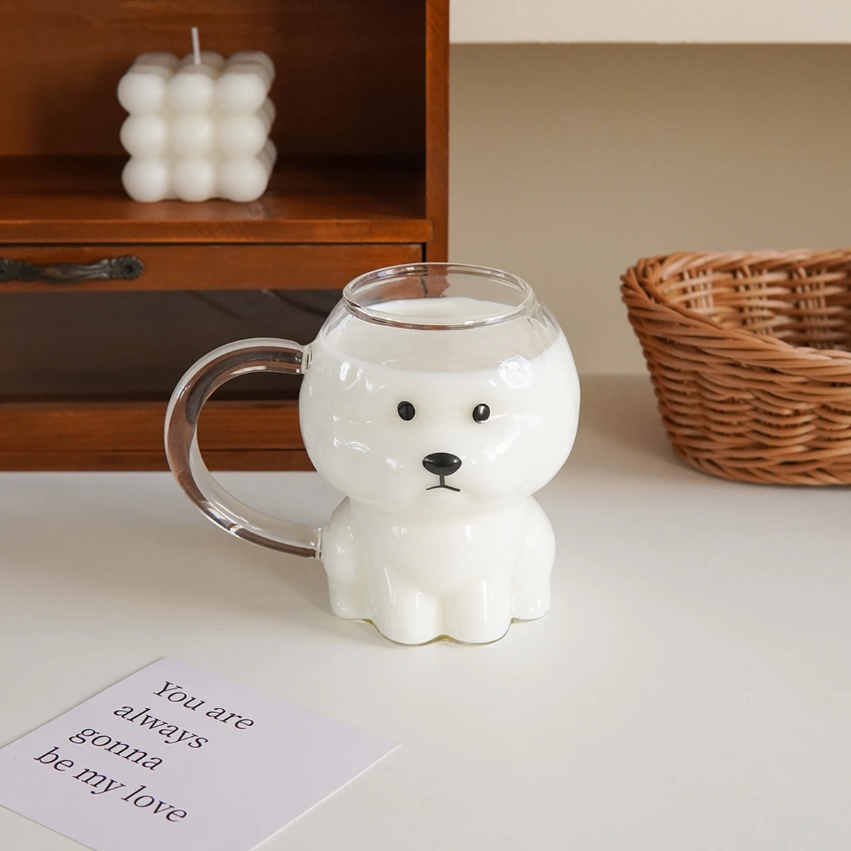 1Pc Cute Puppy Glass Cup, Exquisite and Aesthetically Pleasing Puppy Coffee Cup, Suitable for Home Decoration, Oatmeal Bowl, Kitchen Table Cup, Summer Party Drinkware, Afternoon Tea Coffee, Gift Giving