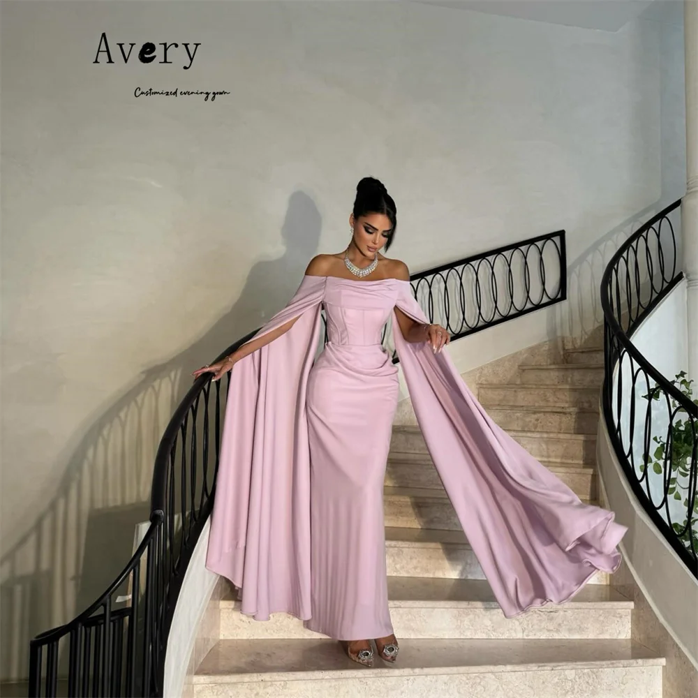 Avery op maat gemaakte off-shoulder roze fishtail enkellange luxe damesavondjurken 2025, luxe elegante feestjurk voor dames