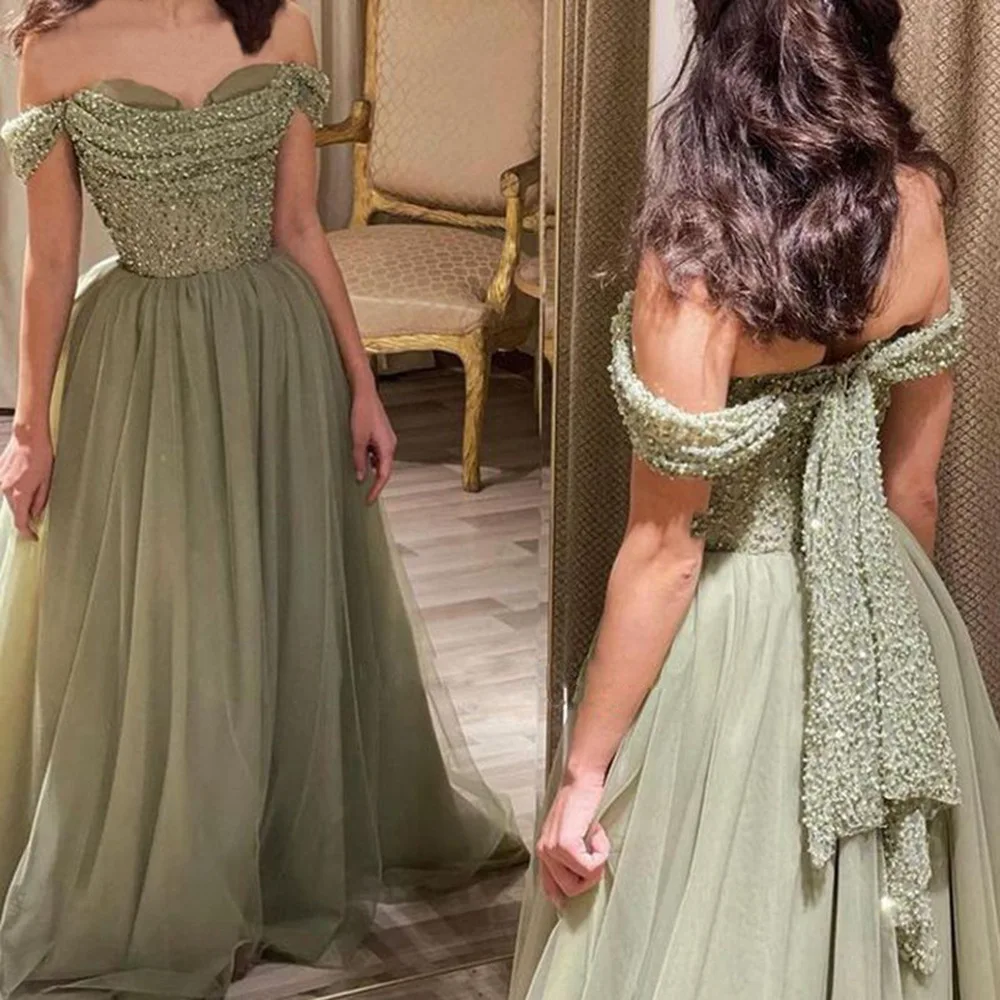 Customized Green A Line Women Evening Dresses Sequins Tulle Off Shoulder Prom Birthday Party Gowns Formal Vestido De Noche