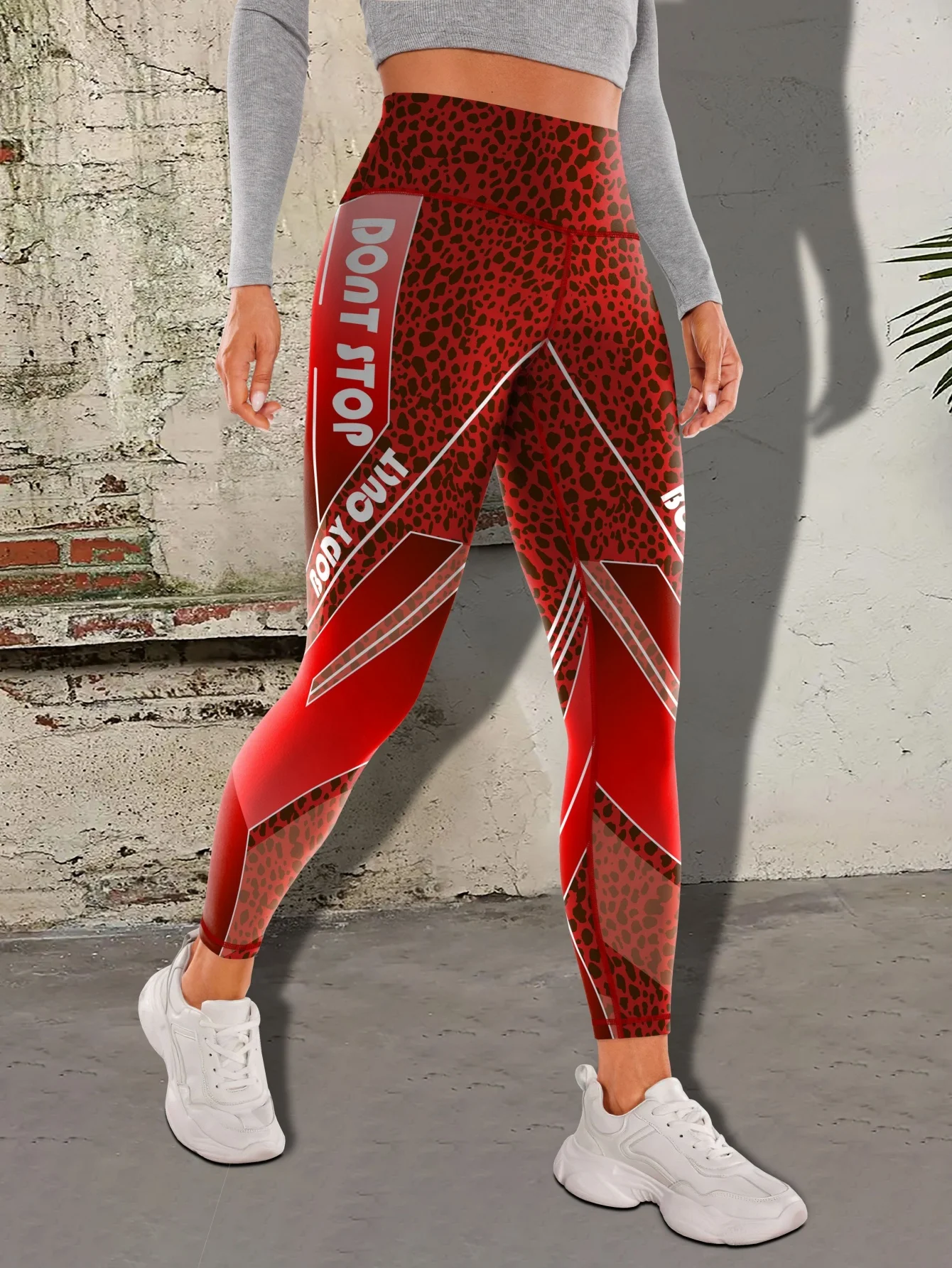 Yoga Pants, Women's High‑Waist Red Leopard Print Letter Graphic Stretch Leggings, Buttery‑Soft Full‑Length Gym Fitness Running Workout Active Pants