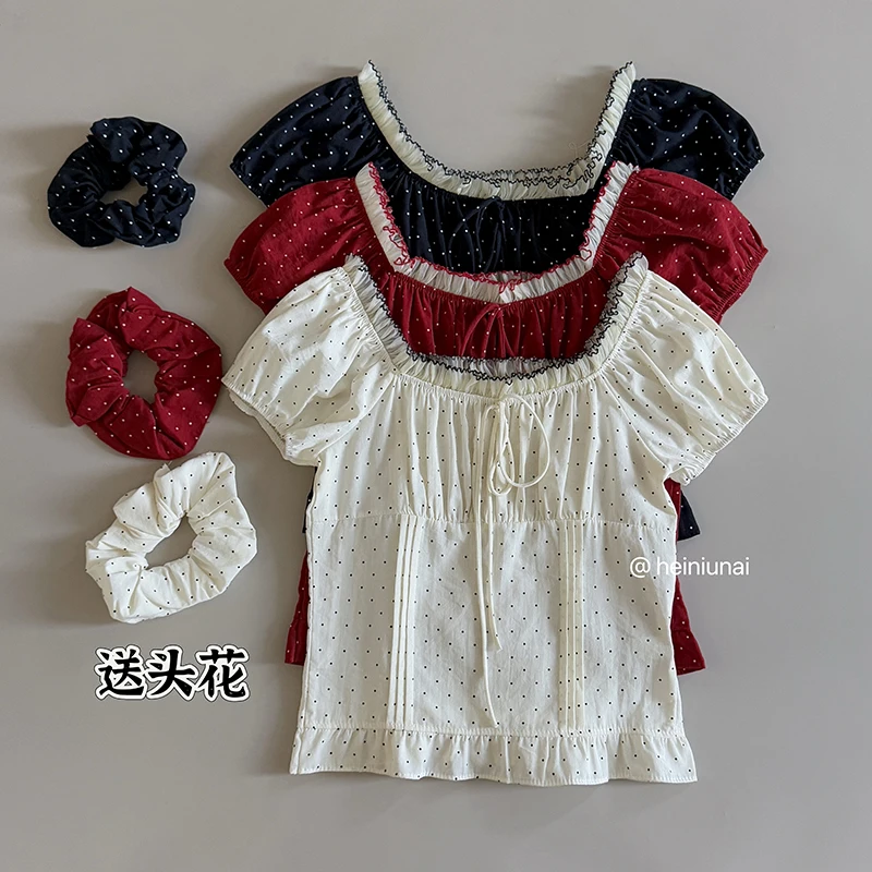 

Wedbleser Mesh Lace U-neck Short Sleeved Polka Dot Shirt 2025 Summer New Korean Version Women Slim Fit Set Hair Loop Top