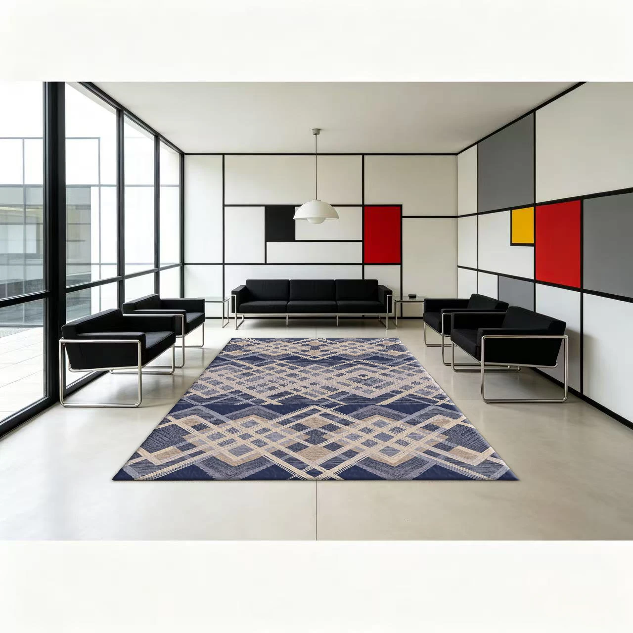 Navy Blue Beige Diamond-Inlaid Carpet Floor Decoration Modern Geometric Pattern Woven Non-Slip Carpet