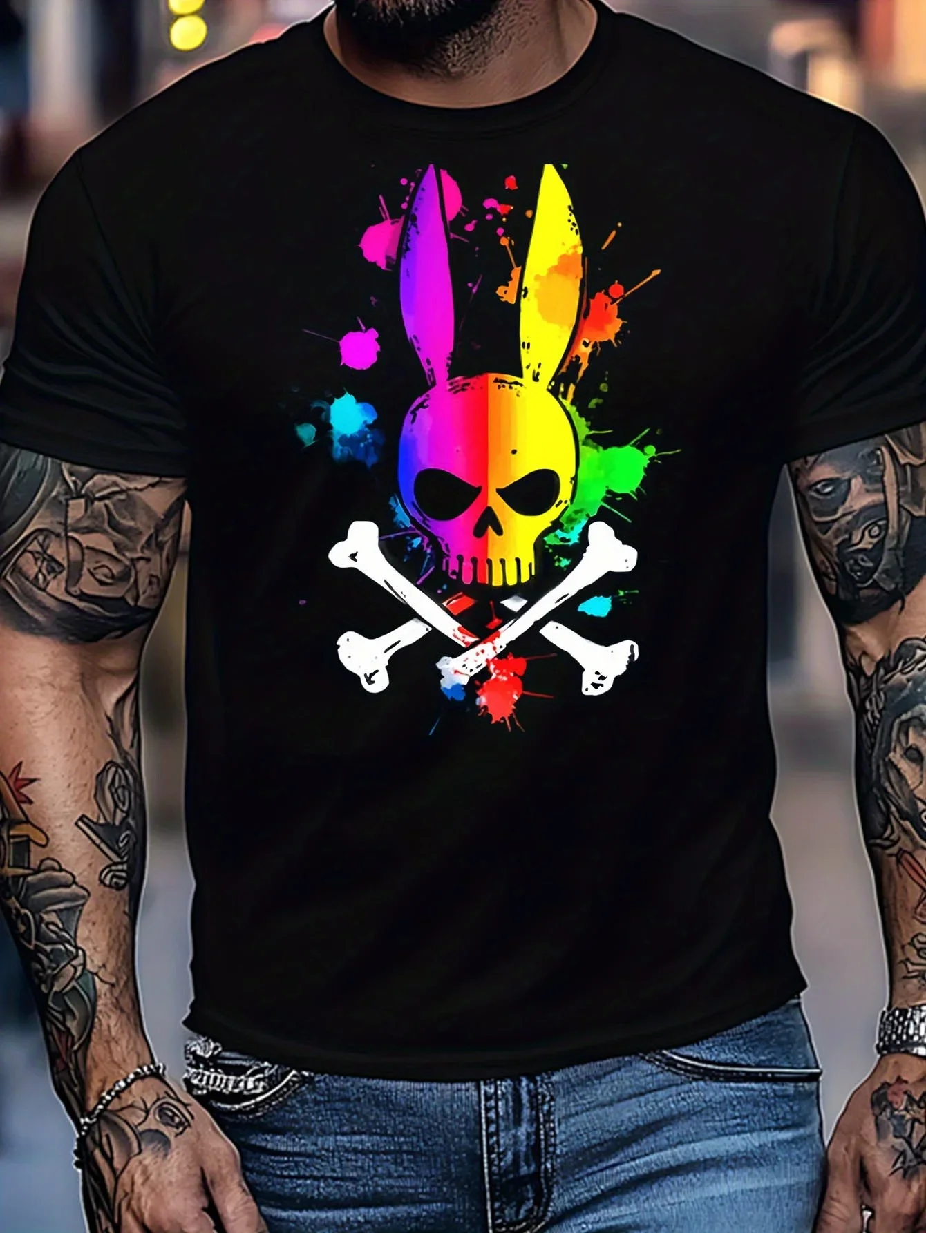 

Мужская летняя модная повседневная свободная футболка из 100% чистого хлопка с уникальным принтом черепа и кролика, футболка с круглым вырезом и короткими рукавами, топ