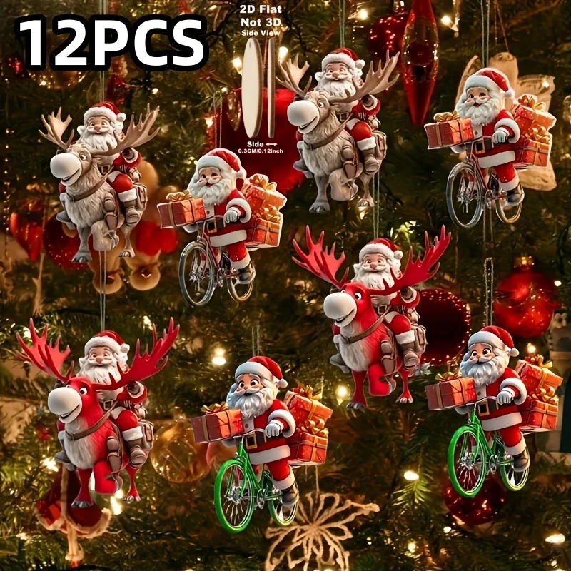 12-Piece Santa Claus Wooden Hanging Ornaments Set—Perfect for Christmas Trees and Holiday Home Decorations, 2D Flat Christmas-Themed Santa Claus Gift-Delivery Style