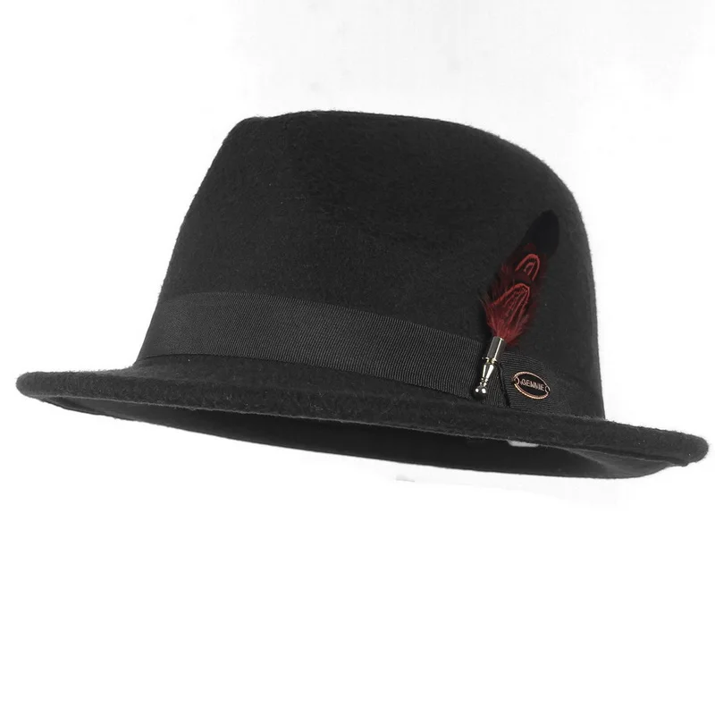 Man Classic Trilby Hats Felt Hat Vintage Fedora Hat with Metal Feather & Band Outdoor Church Party Cap Church Hats Black