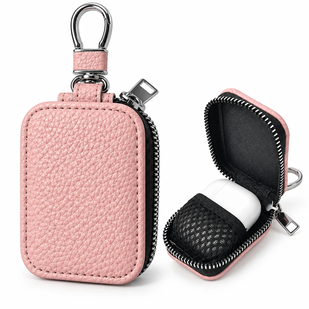 Portable Lychee Texture Earbuds Carrying Case with Keychain, Zipper Protective Storage Bag with Mesh Pocket, Compatible with AirPods 1/2/3/4, Pro/Pro 2/Pro 3