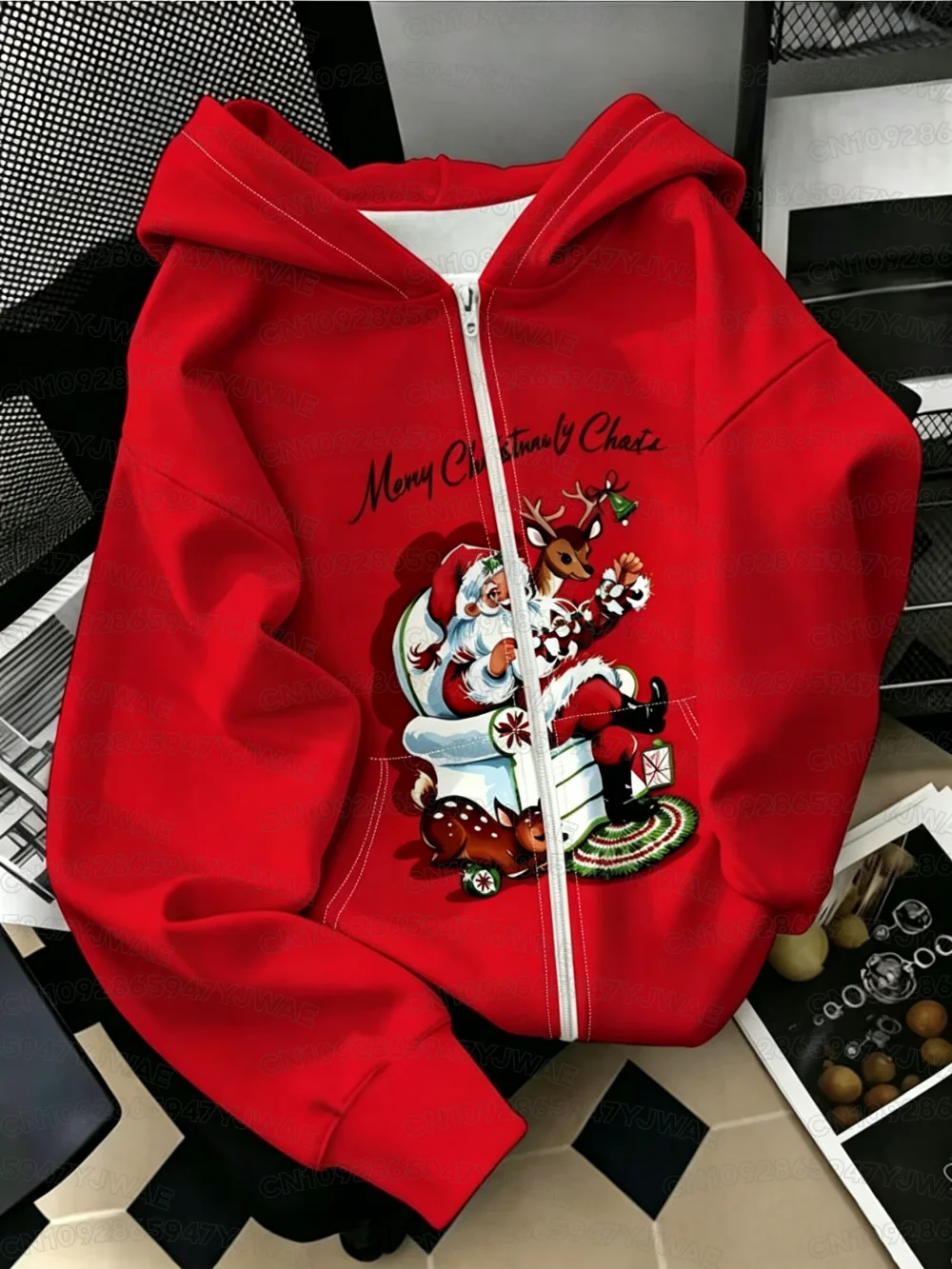 Autumn and Winter Women's Zipper Hooded Cardigan Sweatshirt Casual Christmas Red Snowman Snowflakes Hoodies Jacket Coat