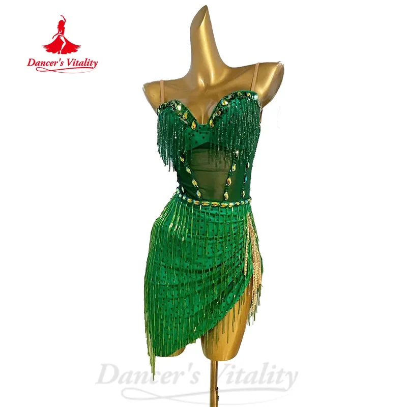 Latin Dance Costume Senior AB Stones Tassel Dress Adult and Child Customized Tango Samba Rumba Professional Competition Dresses