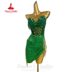 Latin Dance Costume Senior AB Stones Tassel Dress Adult and Child Customized Tango Samba Rumba Professional Competition Dresses