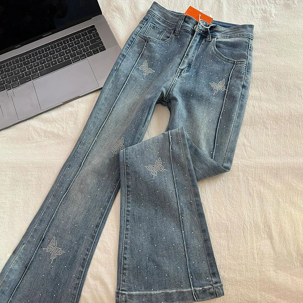 

Trendy Diamonds Butterfly Flared Jeans for Women 2026 New Spring High Waist Rhinestone Slim Denim Pants Light Blue Bootcut Jeans