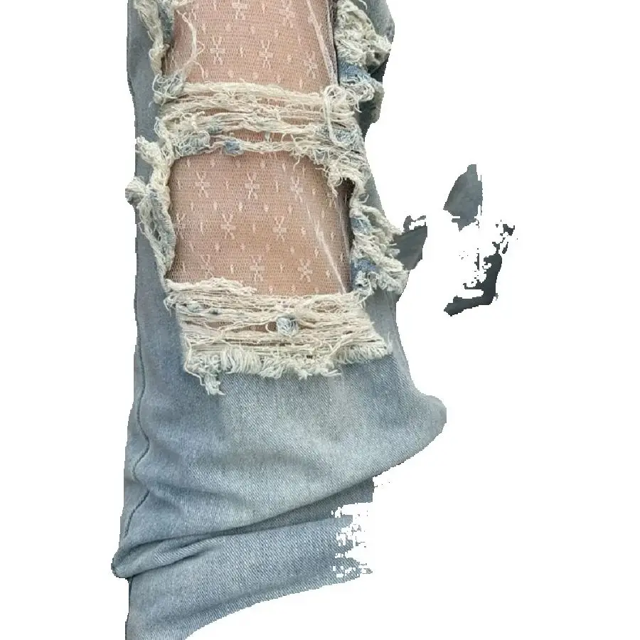 American Design-Sensory Ripped Lace Spliced ​​Denim Trousers Women Spring Summer New High-Waist Loose Straight Wide-Leg Pants