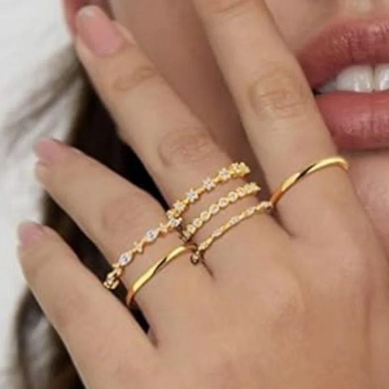 CAOSHI Women Gold Color Stackable Rings Set 6Pcs Thin Band Paved Zircon Stacking Rings Minimalist Daily Party Finger Jewelry