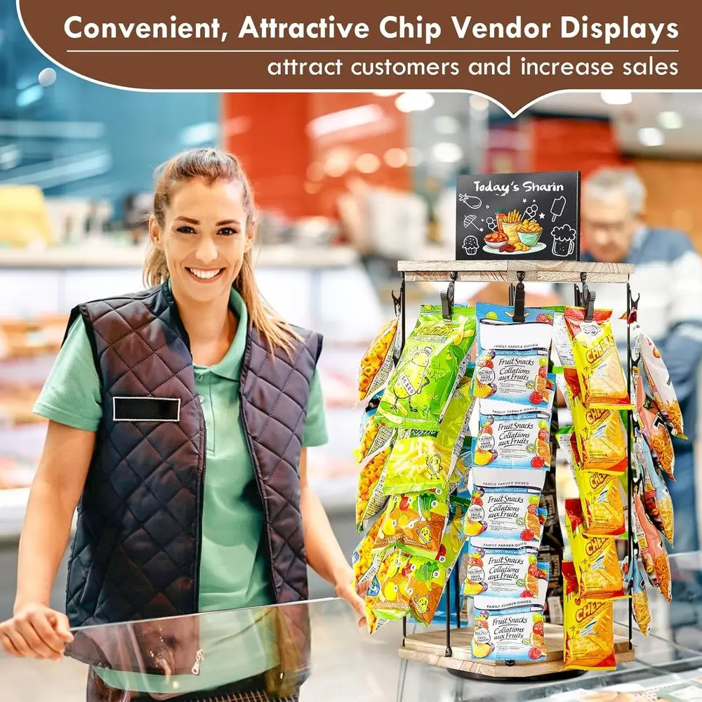 حامل عرض رقاقة، 5 طبقات 40 مشبك منظم للوجبات الخفيفة لمكتب المكتب، 360 درجة °   قاعدة خشبية دوارة حامل رقاقة عرض الحلوى f