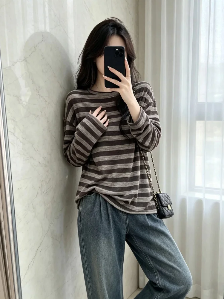 Fashionable Striped Long Sleeve T-Shirt Women's Loose Base Shirt Age-Defying Spring Autumn New Style Cover-Up Top