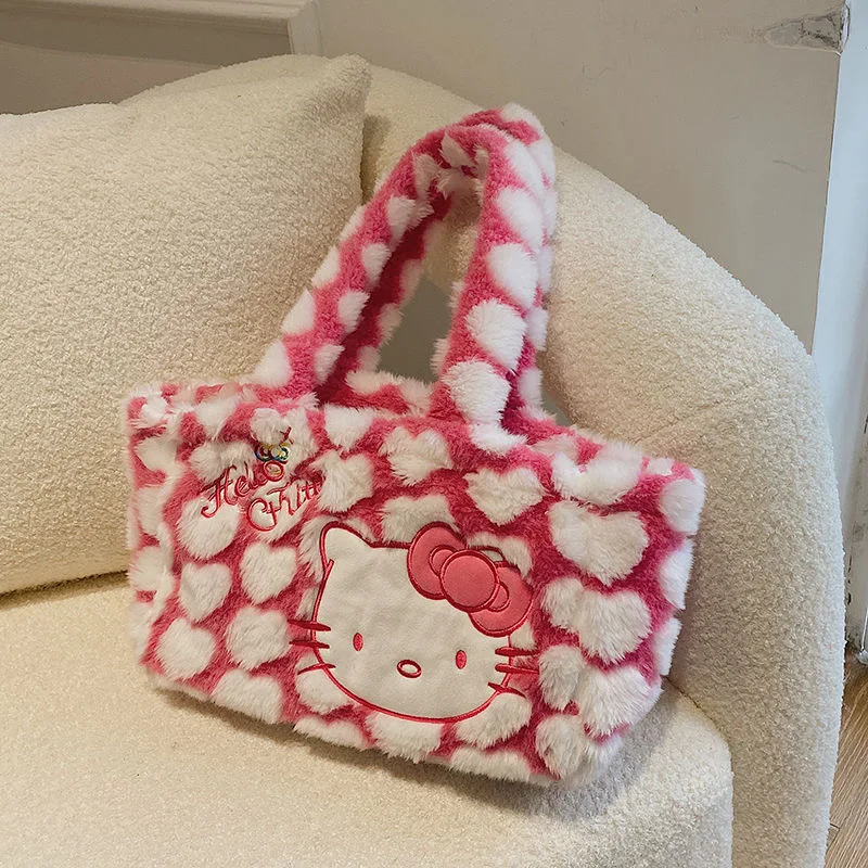 Sac à main Hello Kitty en peluche Anime pour filles, sac sous les bras de dessin animé, sac étudiant Kawaii, haute capacité, cadeau coeur, Y2K