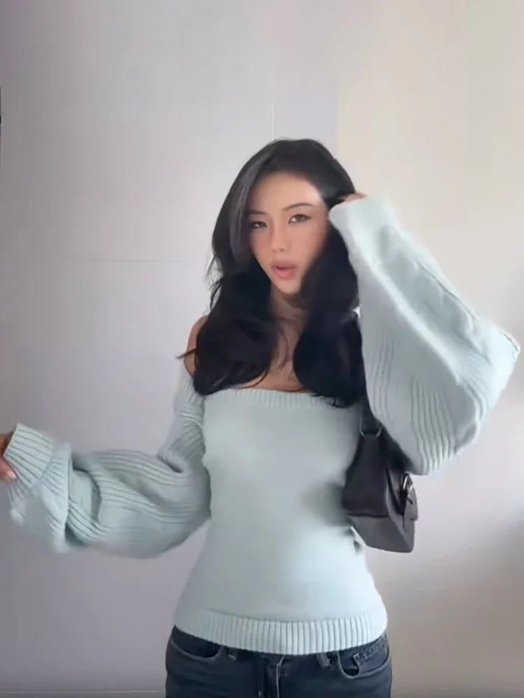 Elegant Soft Off Shoulder Knit Top Slim Fitted Tube Shirt Detachable Flare Sleeve Sweater Stylish Women Fall Daily Street Wear