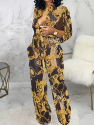 Chic Print Tied Waist Long Sleeve Buttoned Rompers Women Jumpsuit