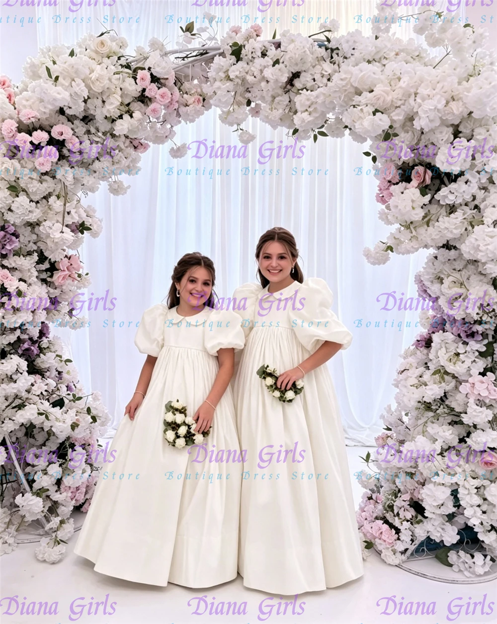 Quality Elegant Baptism White Satin A-Line Fluffy For LIttle Princess Wedding Birthday Party Evening Ball Gowns Customisable