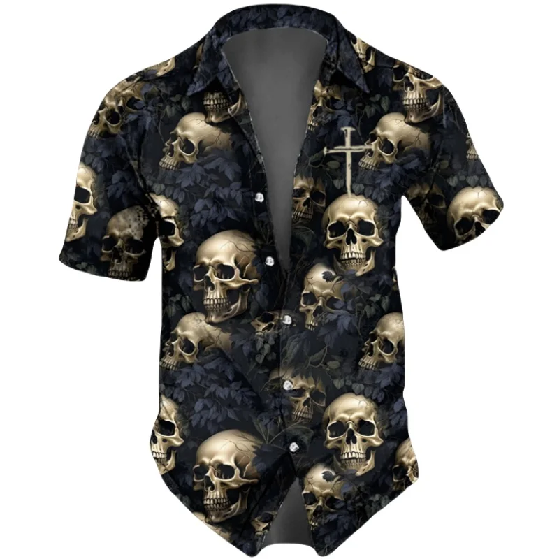 Horror Skulls Print  Men\'s Shirts Summer Hip Hop Style Short Sleeve Lapel Shirts For Men Streetwear Hawaiian Beach Holiday Shirt