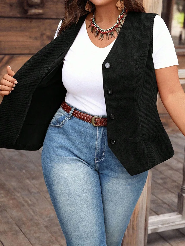 GIBSIE حجم كبير أسود واحدة الصدر سترة غير رسمية المرأة الربيع الصيف موضة الخامس الرقبة جاكيت بلا إكمام ملابس خارجية امرأة