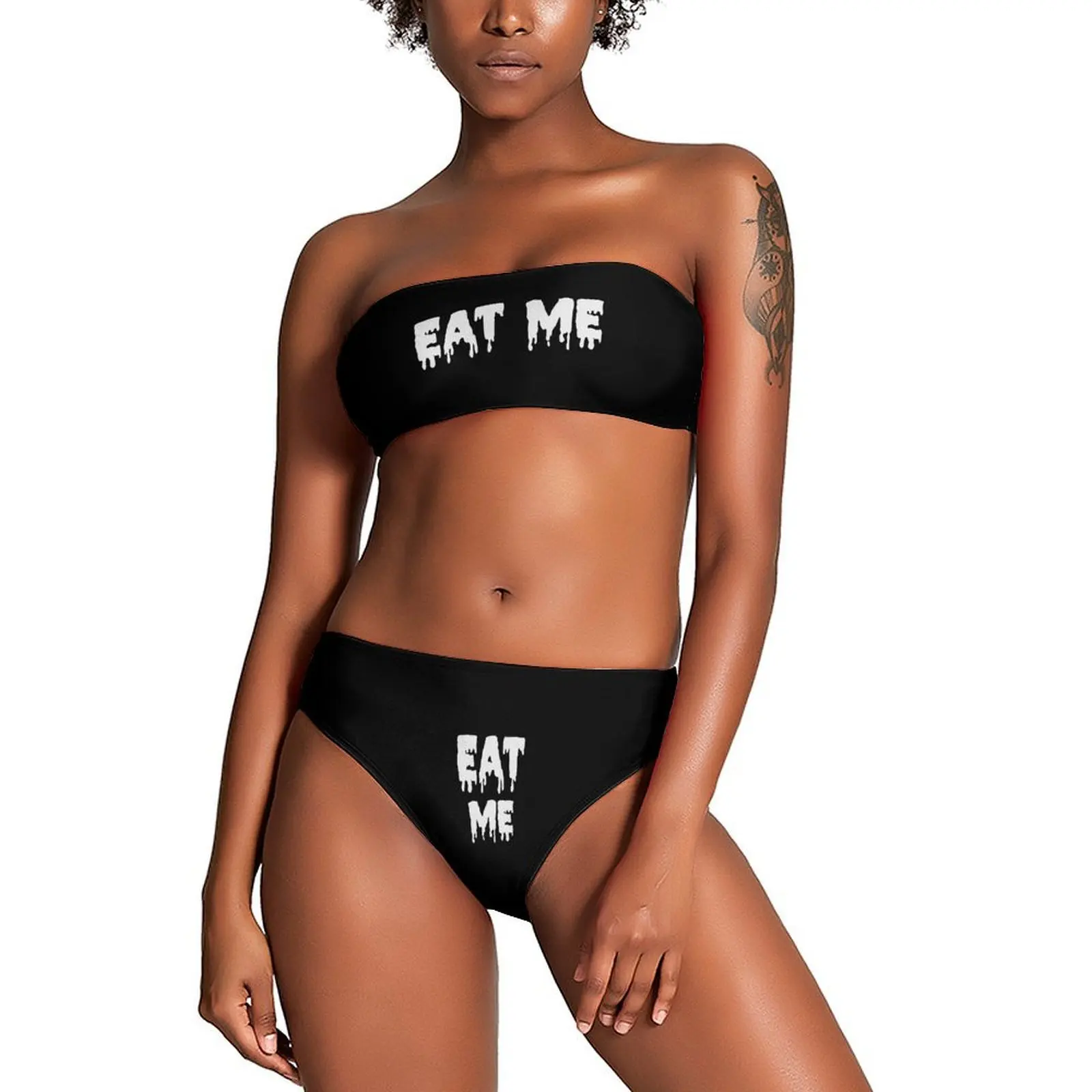 Women's Two Piece Bandeau Swimsuit Strapless Tube Bikini Top with Mid Waist Cheeky Bottom Bathing Suit