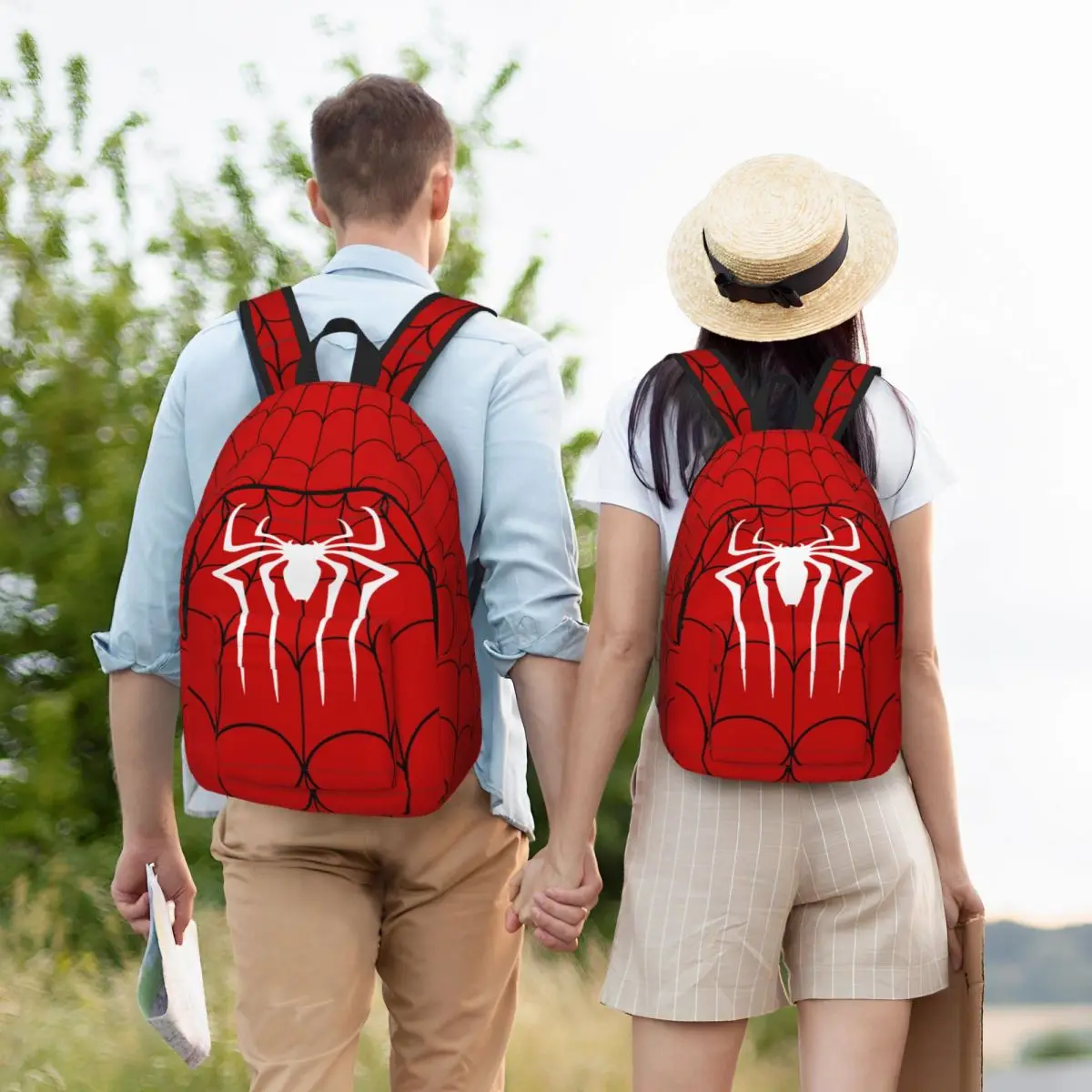 Spider Web Red Backpack Elementary High College School Student Bookbag Teens Canvas Daypack with Pocket