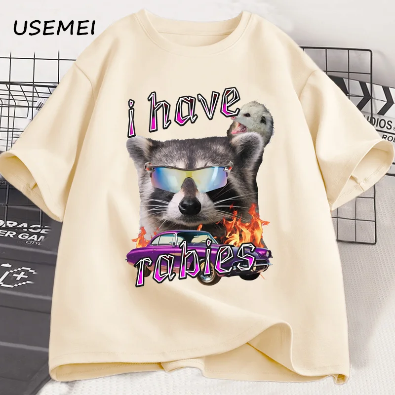 I Have Rabies T Shirt Funny Meme Funny Humor T-Shirt Unhinged Raccoon Opossum Graphic Tees Weird Dark Humor Tshirt Cotton Tops