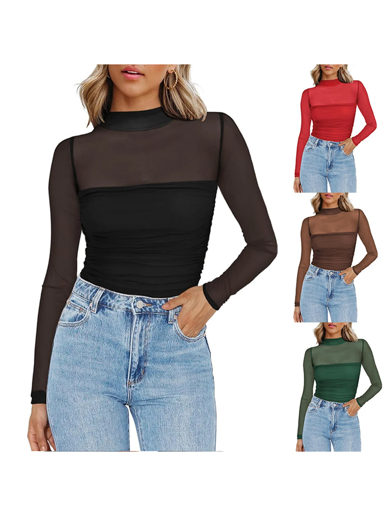 

High Quality Long Sleeve Shirts for Women Sheer Mesh Sexy Blouses Fall Fashion Turtleneck Casual Fashion Going out Blouses Tops