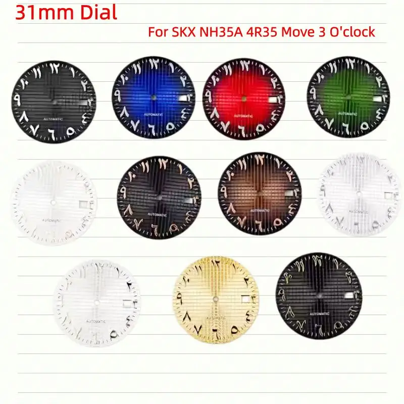 

Циферблат для часов 31 мм с арабскими цифрами, черный, синий, красный, зеленый, золотой индекс, для механизмов NH35, NH36, 4R35, запчасти для часов, положение 3 часа