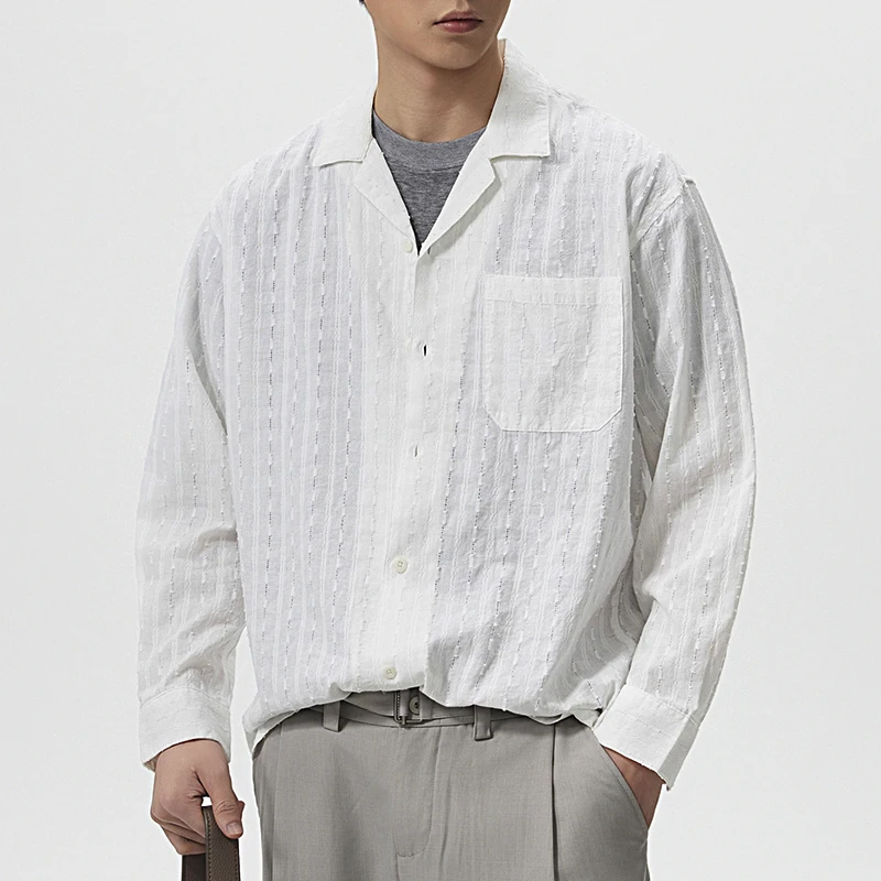 

Old Money Simple Fashion Cotton Shirt Men Business Casual Commute Loose Long Sleeve Lightweight Stripe Shirts Male Clothes Tops