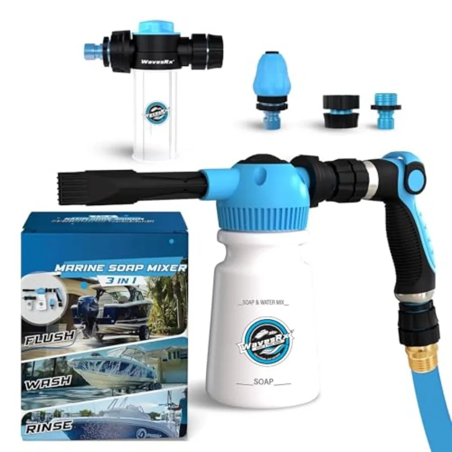 

Marine boat wash sprayer for salt removal engine flush mixer; dual-use soap foamer in blue ABS plastic for fast wash-rinse clea