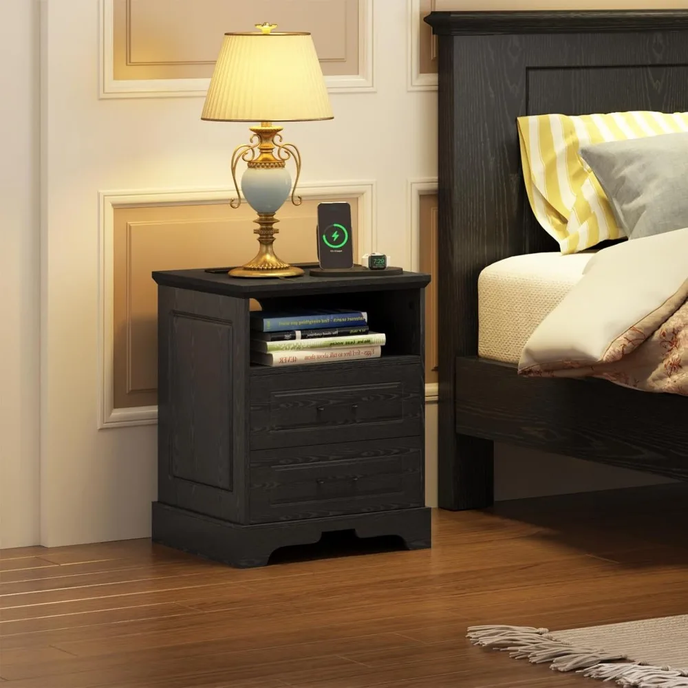 منضدة المزرعة مع قاعدة شحن، حامل ليلي عريض 18 بوصة مع أدراج وتخزين، طاولة جانبية مربعة بجانب السرير، fo #4