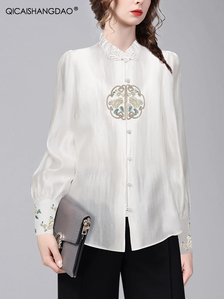 Vintage Embroidered Womens White Ruffled Shirt Long/Short Sleeve Loose-fitting Female Spring Summer Tops Work Casual Blouses