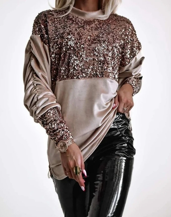 Elegant Velvet Mock Neck Sequin Patch Ruched Side Zipper Design Sweatshirt 2025 Autumn Winter Spring New Fashion Casual