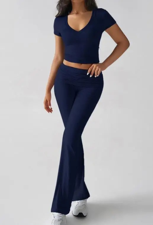 

Two Piece Set Women Outfit 2026 Spring Summer New Solid Color V-Neck Short Sleeved T-Shirt & High Waist Casual Long Pants Set