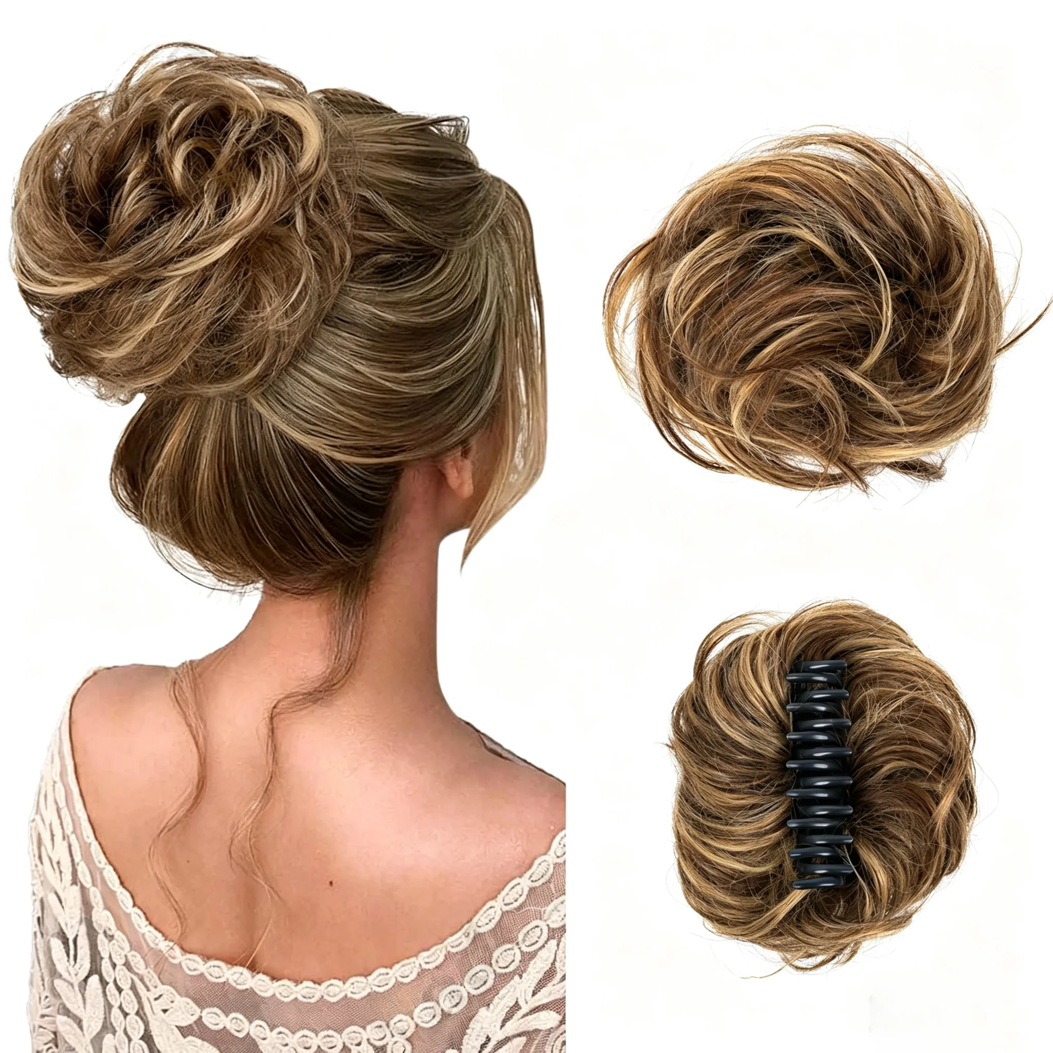 Haarteil mit Krallenklammer, unordentlicher Dutt, 100 % Echthaar-Dutt, lockige Chignon-Haarknotenverlängerungen, gewellte, zerzauste Hochsteckfrisur-Haarknoten für Frauen