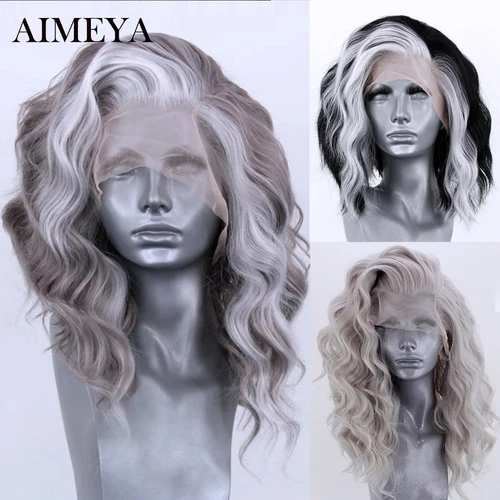 AIMEYA peluca con malla frontal sintética, pelucas de encaje gris resaltadas para mujeres negras, pelucas de Cosplay de parte lateral, peluca de onda corta, línea de cabello Natural
