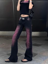 2023 Cyber Y2K Streetwear Purple Tie Dye Slim Flare Jeans Pants For Women Clothing Korean Casual Hip Hop Female Trousers Spodnie