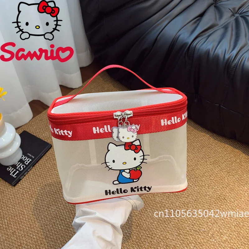 Hello Kitty New Women's Handbag Fashion High Quality Mesh Storage Bag Cartoon Cute Versatile Large Capacity Girl Makeup Bag