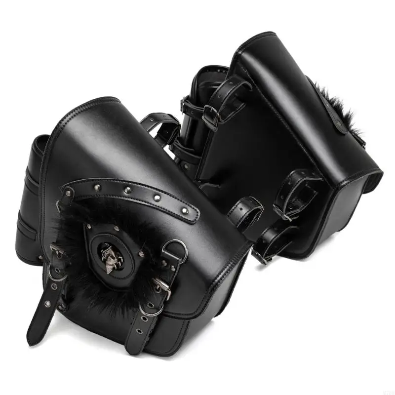 M76E Motorrad-Satteltaschen-Paar für seitliche Aufbewahrung mit Nietenverzierung, Totenkopf-Abzeichen und Schnallenriemenklappe – Detail 10