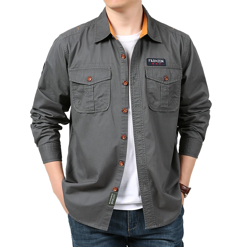 Spring Summer Military Tactical Shirts Men\'s Multi-Pockets Work Cargo Shirts Climbing Clothes Nature Hiking Fishing Wear