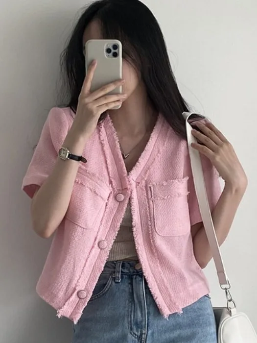 

Dongda Gate Summer 2025 New Sle Women's ort V-Ne Fringed Tweed Jaet Trendy Faion Outerwear without Brand