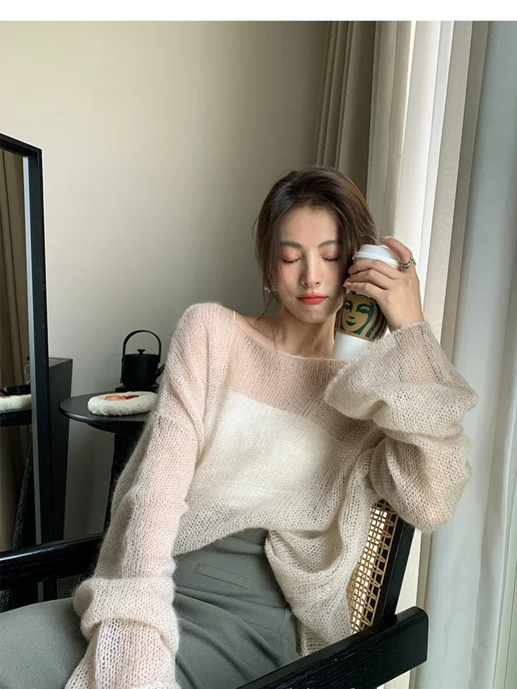 Vrouwen holle gebreide trui effen kleur mohair trui losse oversized sexy off-shoulder doorzichtige harajuku trui met lange mouwen