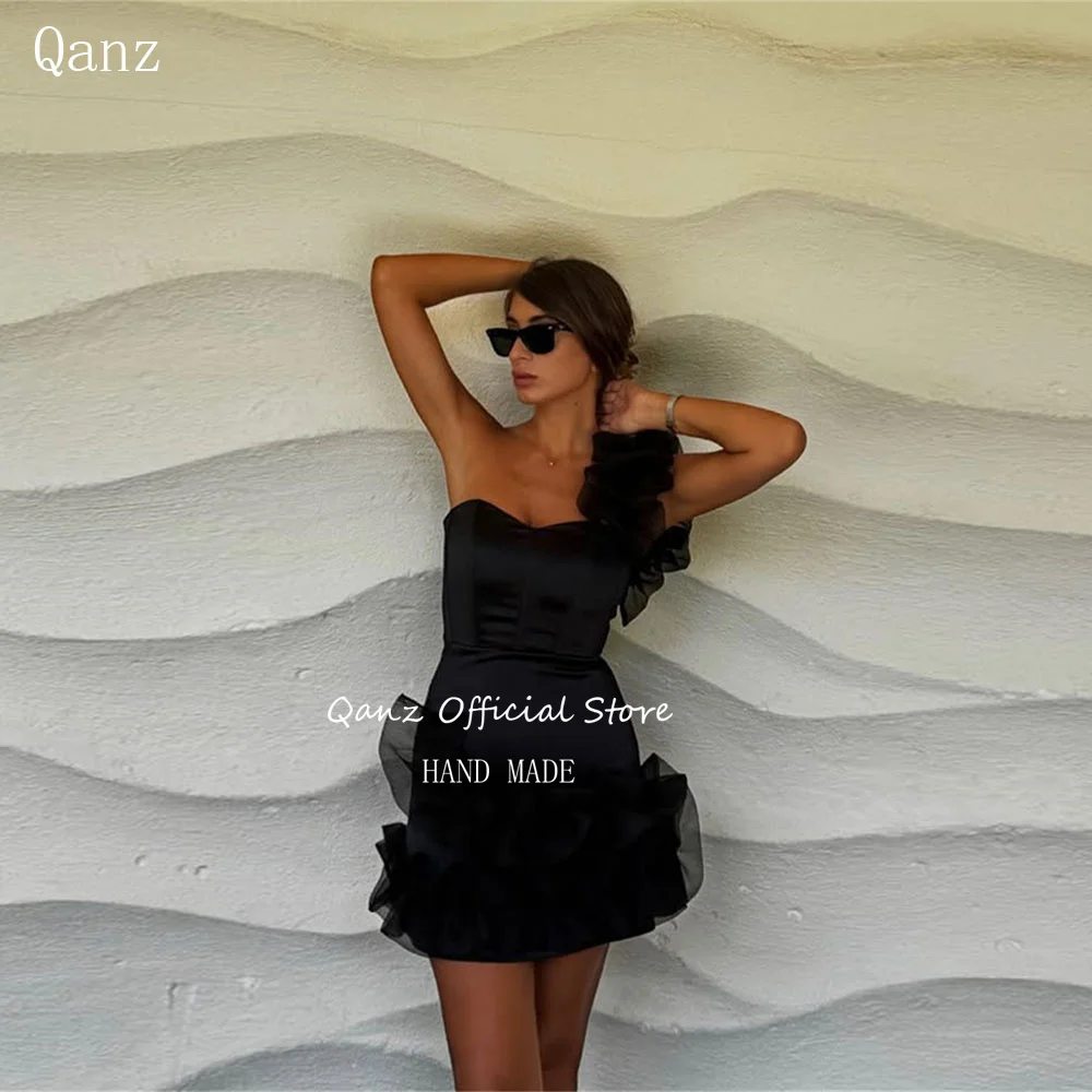 

Qanz Sexy One Shoulder Black Prom Dresses Short Party Dresses Woman 2025 Lace Up Back Sweetheart Satin Cocktail Dress Customized