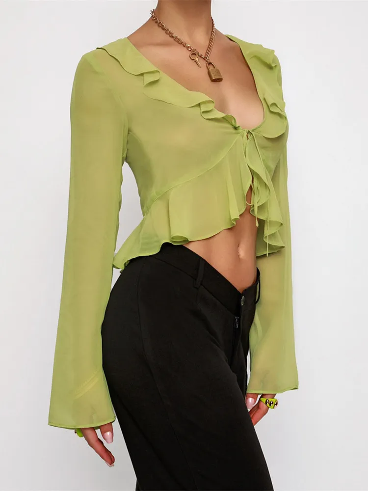 Women See Through Blouse Crop Tops Mesh Sheer Tie Up Long Flare Sleeve V Neck Ruffle Tops Summer Sexy Casual Shirts Female Top