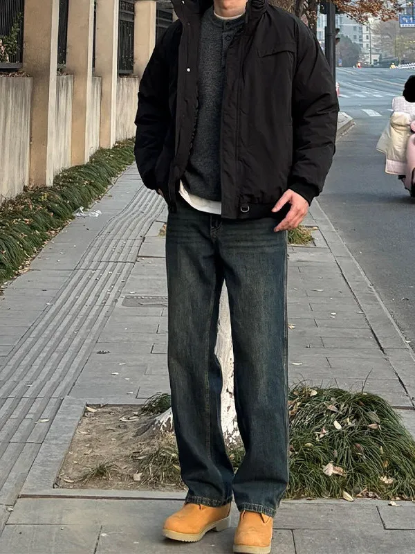 

Retro American Blue Straight Leg Jeans Men's Autumn Winter Fleece Lined Slim Fit Bootcut Pants Casual mid Waist Zipper